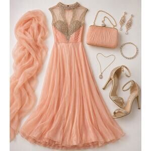 Jovani 98546 Blush Pink Peach Beaded Chiffon Prom Gala Evening Gown NWT Size 2